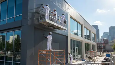Professional commercial painters working on office building exterior in Buffalo, NY