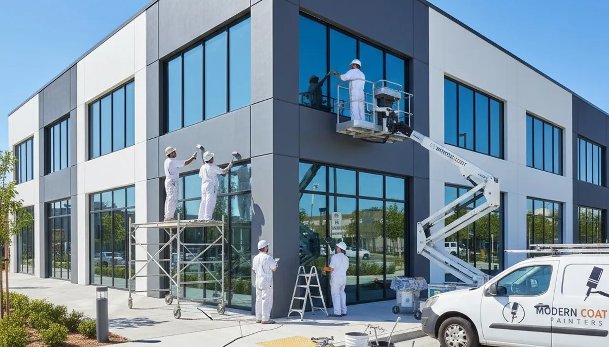 Professional commercial painters working on an office exterior in Buffalo, NY