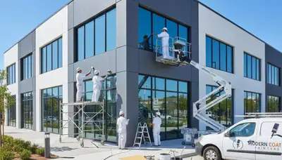 Professional commercial painters working on an office exterior in Buffalo, NY
