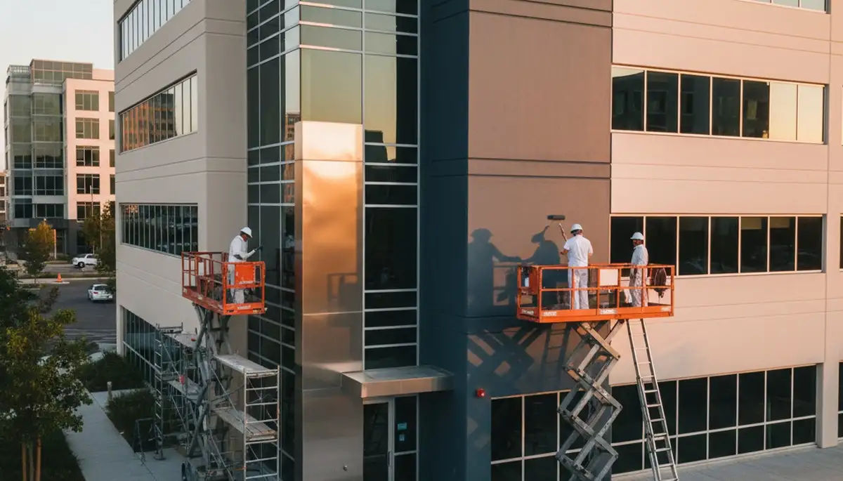 Professional commercial painters working on Buffalo NY office exterior with durable weatherproof coating