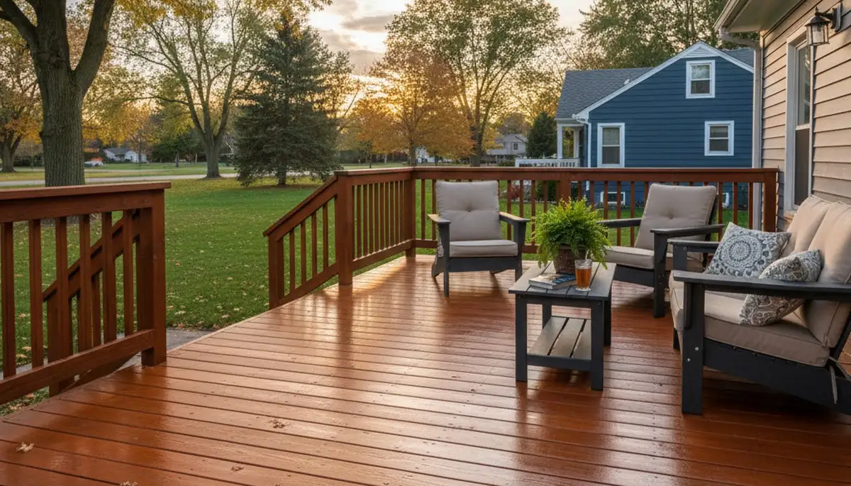Finished deck staining in Buffalo, NY showcasing restored wood and weatherproof professional finish