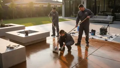 Professional concrete staining on a residential garage floor in Buffalo, NY for lasting durability