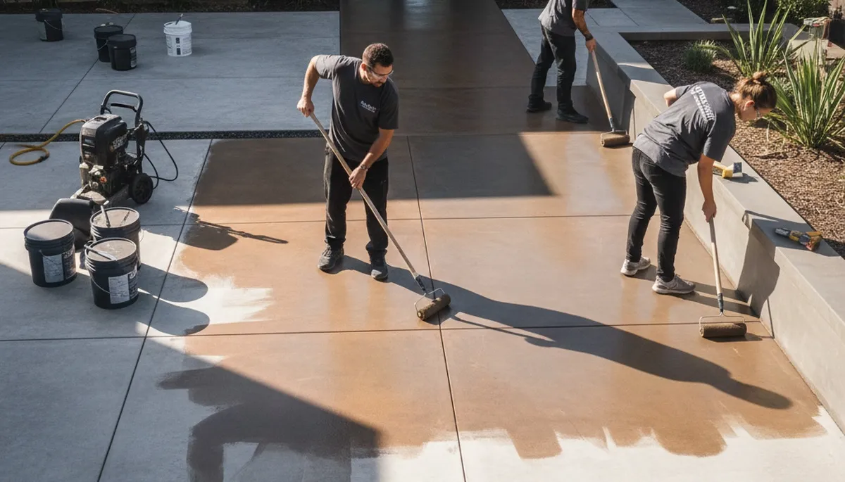 Professional concrete staining on garage floor in Buffalo, NY for durable, weather-resistant finish