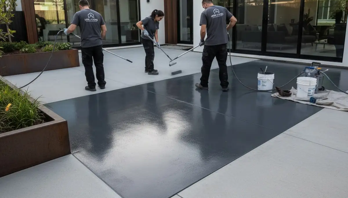 Professional concrete staining on residential garage floor in Buffalo, NY for durable winter protection