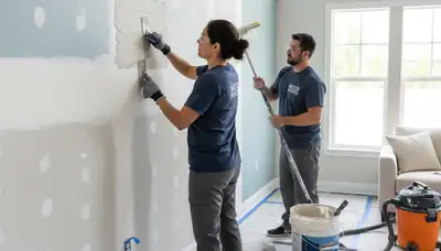 Technician repairing cracked drywall in Buffalo NY home for professional wall restoration services