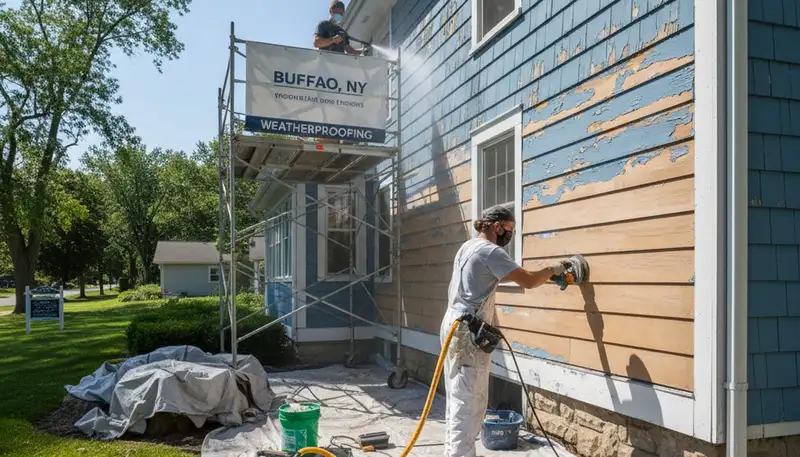 Professional surface preparation for exterior house painting in Buffalo, NY before new paint application